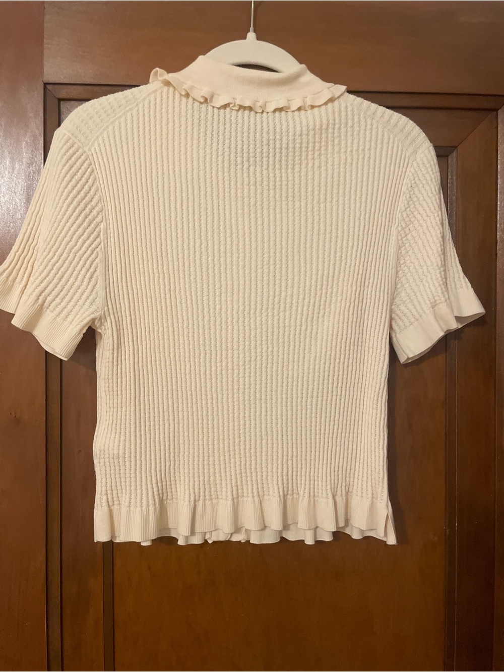 J. Crew Cream Ruffle-Trim Short-Sleeve Ribbed Cardigan - Picture 2 of 3